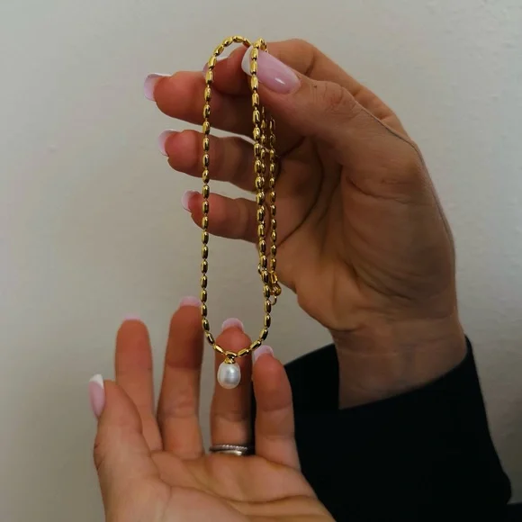 New 18K Gold Beads Chain Real Pearl Chocker Necklace - Picture 6 of 8